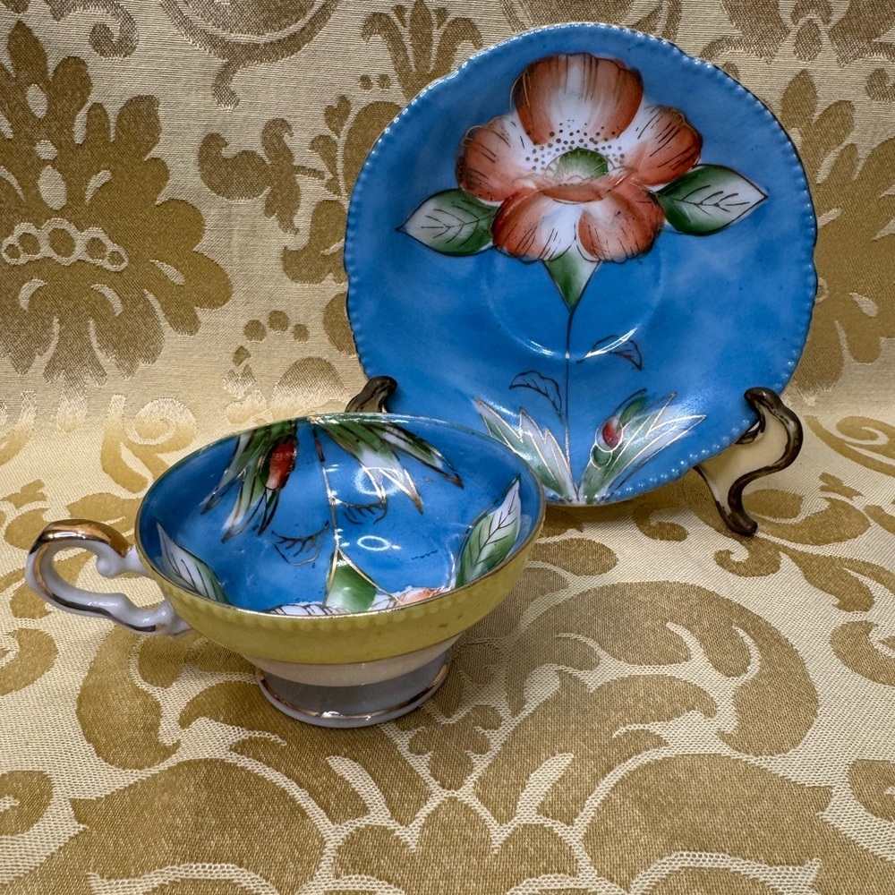 Vintage Porcelain Floral Blue Teacup and Saucer Set - Picture 3 of 4